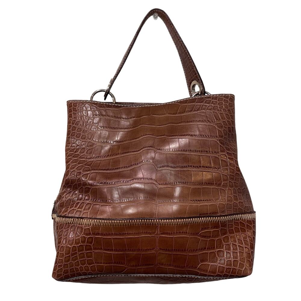 Vintage Tommy Hilfiger Brown Croc Embossed Leather Baguette Shoulder Bag Y2K